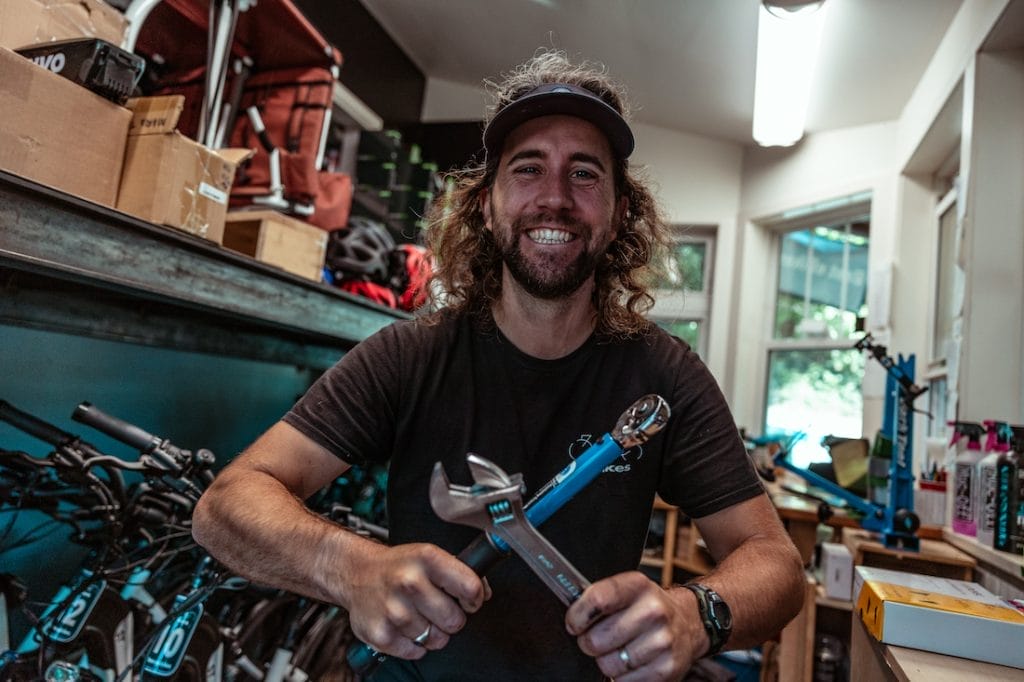 Brendan and tools fixing your eBike on Bowen Island.