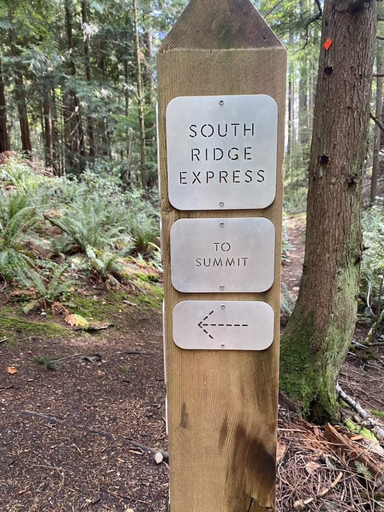 The second sign post hikers see showing the the south ridge express and to summit with an arrow pointing left.