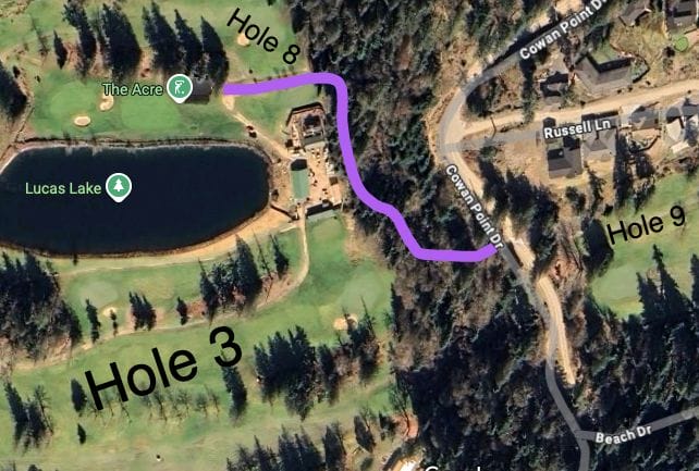 The purple line from Cowan Point Drive, shows the cart path going to "The Acre" or the Tim Kerr Performance Centre. Text highlights hole 8, hole 9 and hole 3 on Bowen Island Golf Course.