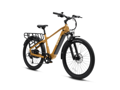 ENVO D50 is an e-bike that functions as a commuter and cargo carrier. Its rugged frame coupled with suspension fork allows for smooth rides on any terrain. Powered by a 750W motor, the bike's cargo rack and basket can easily transport tools, groceries, or even second passenger.