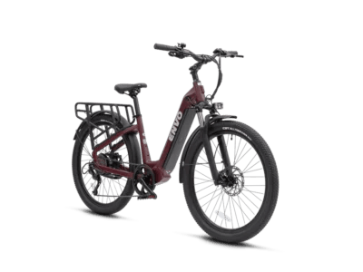 ENVO ST50 is an e-bike that functions as a commuter and cargo carrier. Its rugged frame coupled with suspension fork allows for smooth rides on any terrain. Powered by a 750W motor, the bike's cargo rack and basket can easily transport tools, groceries, or even second passenger.